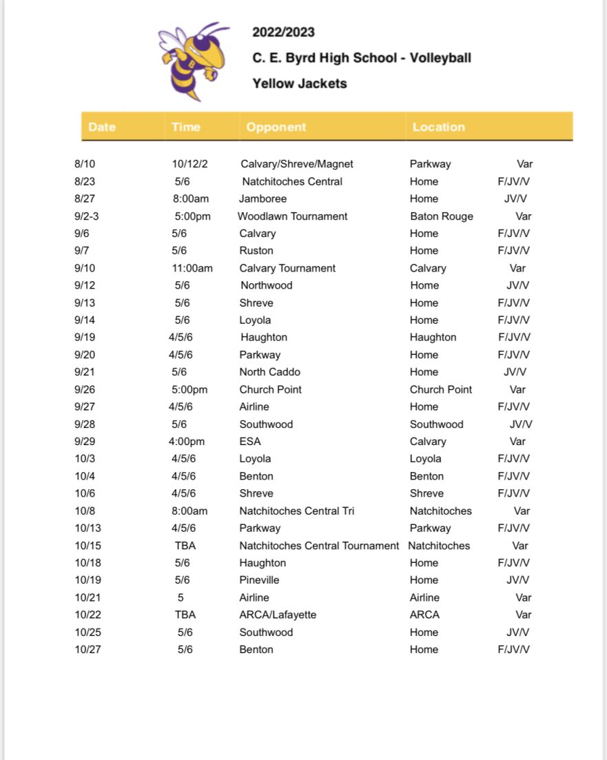 Volleyball Schedule 20222023 CE Byrd High School
