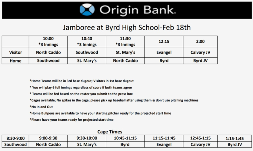 Origin Bank Baseball Jamboree Schedule CE Byrd High School