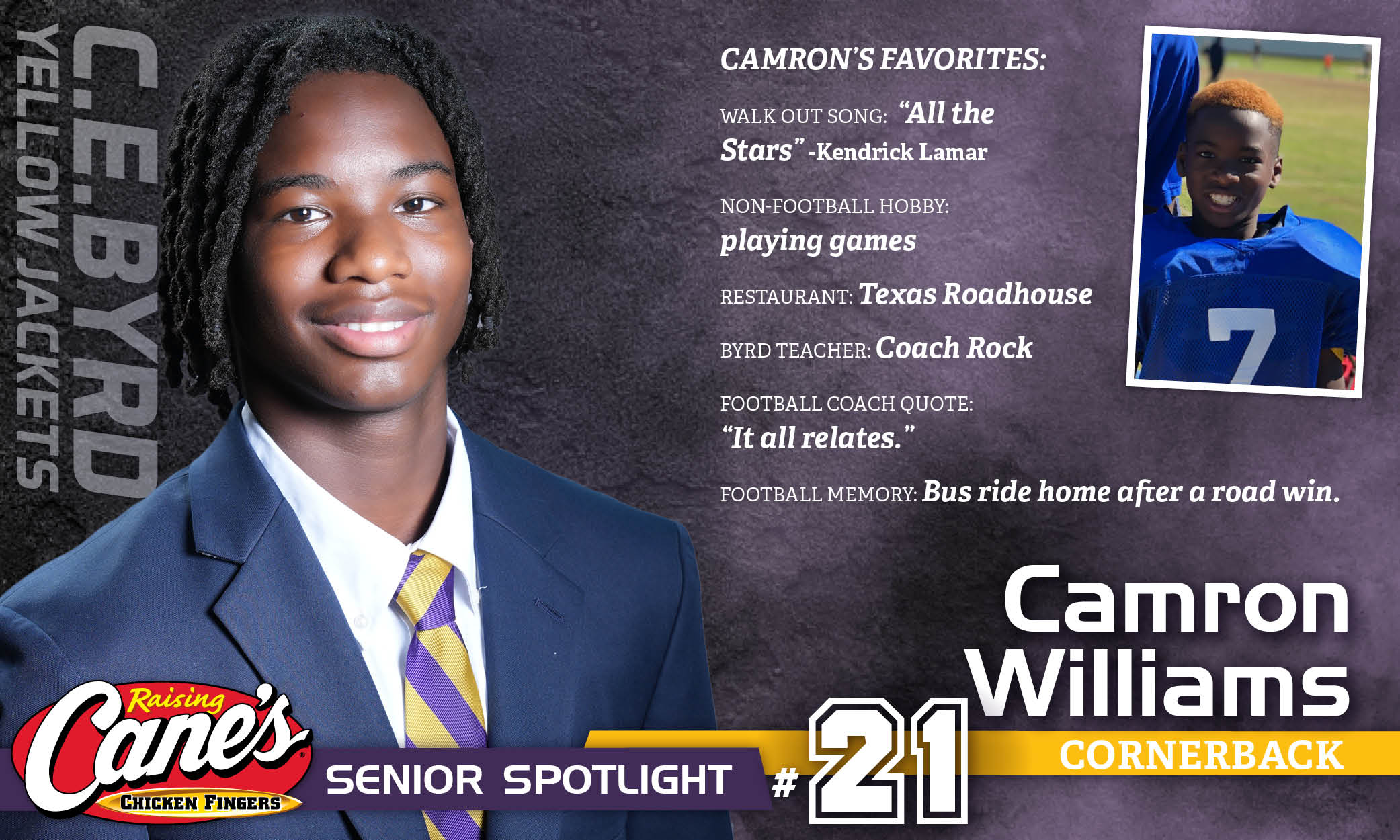 Featured image for “Raising Cane’s Senior Spotlight – No. 21 Camron Williams”