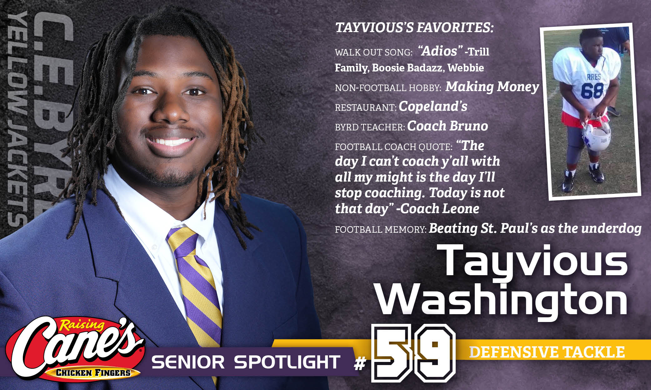 Featured image for “Raising Cane’s Senior Spotlight – No. 59 Tayvious Washington”