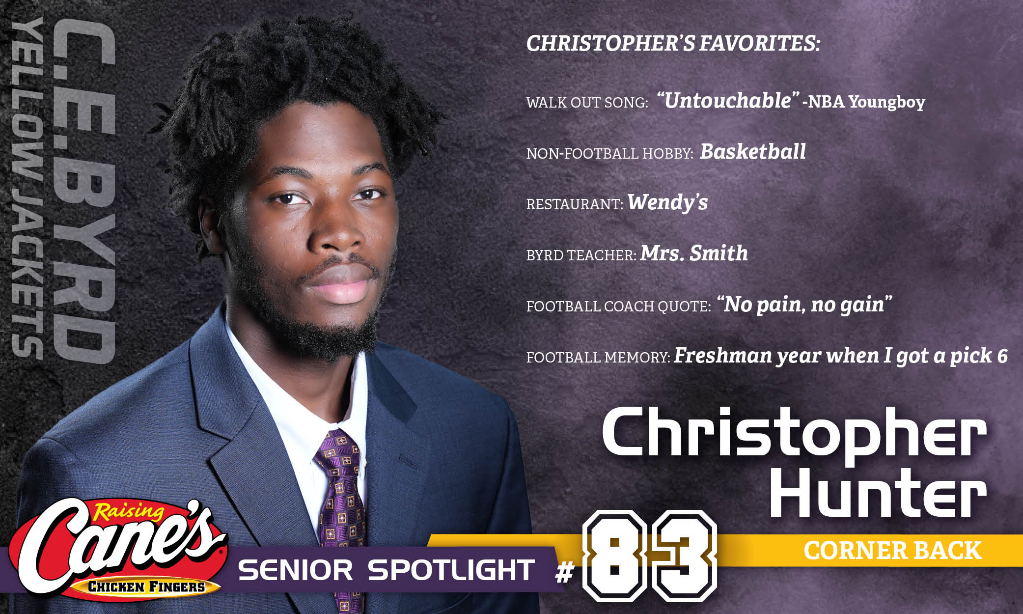 Featured image for “Raising Cane’s Senior Spotlight – No. 83 Christopher Hunter”