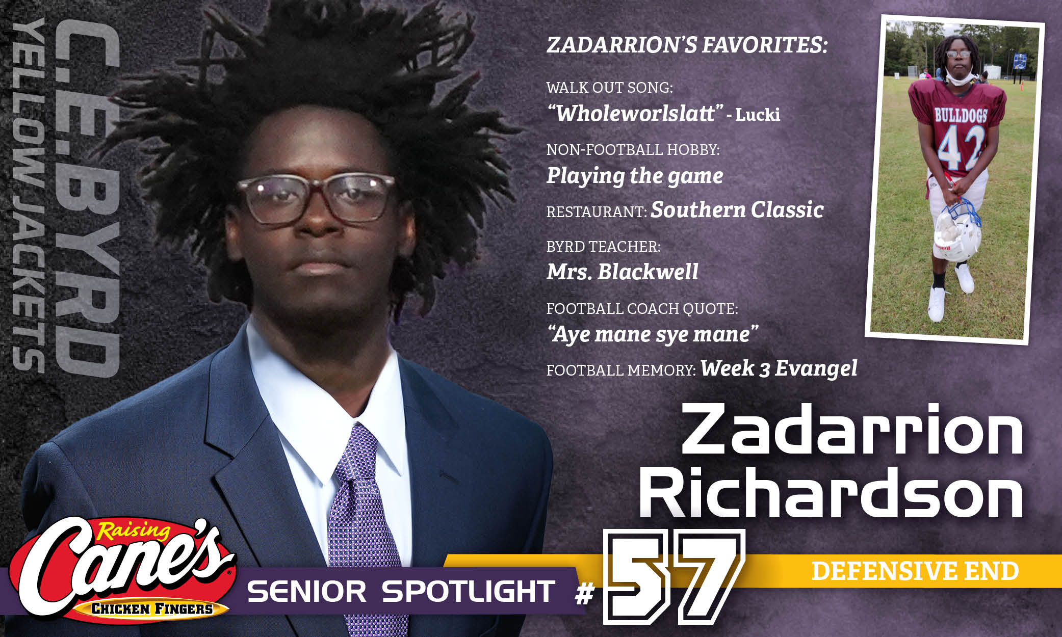 Featured image for “Raising Cane’s Senior Spotlight – No. 57 Zadarrion Richardson”