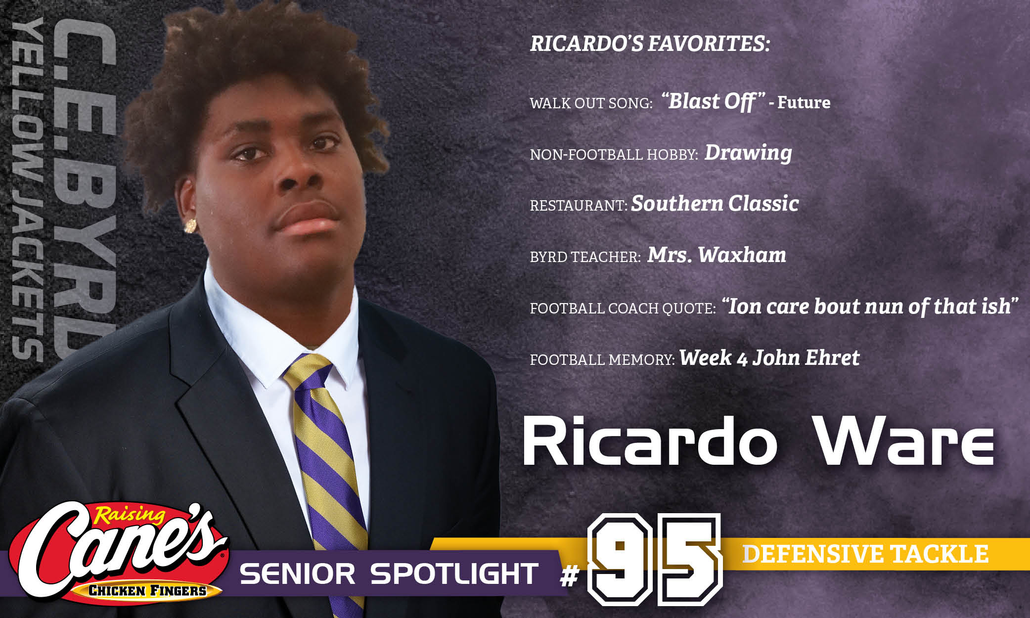 Featured image for “Raising Cane’s Senior Spotlight – No. 95 Ricardo Ware”